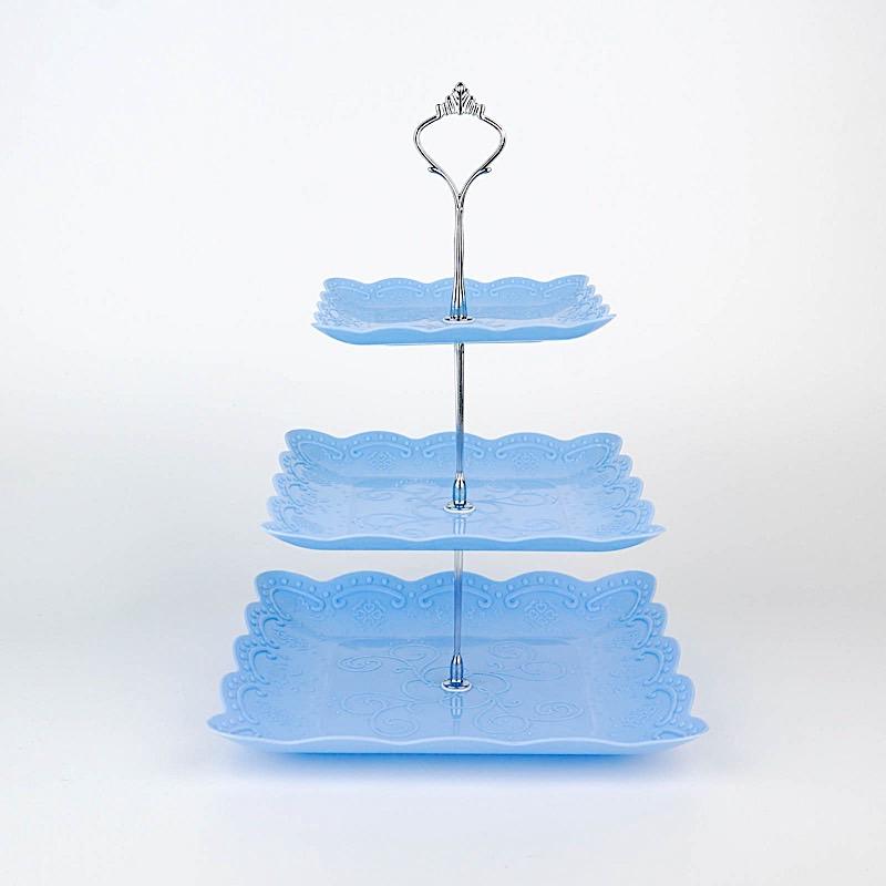 13" tall 3 Tier Plastic Dessert Stand Floral Print Square Cupcake Holder CAKE_PLST_S001_3_BLUE