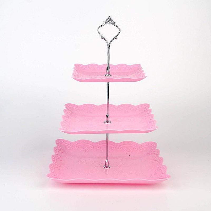 13" tall 3 Tier Plastic Dessert Stand Floral Print Square Cupcake Holder CAKE_PLST_S001_3_PINK