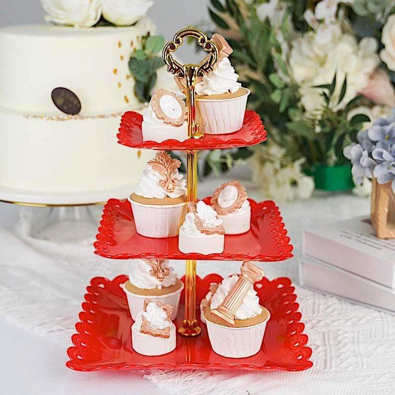 13" tall 3 Tier Plastic Dessert Stand Square Cupcake Holder with Heart Rim