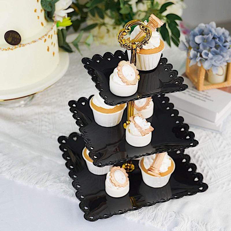 13" tall 3 Tier Plastic Dessert Stand Square Cupcake Holder with Heart Rim