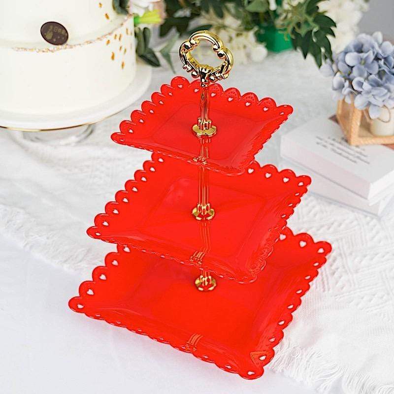 13" tall 3 Tier Plastic Dessert Stand Square Cupcake Holder with Heart Rim