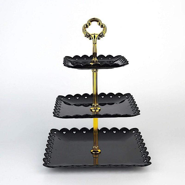 13" tall 3 Tier Plastic Dessert Stand Square Cupcake Holder with Heart Rim CAKE_PLST_S002_3_BLK