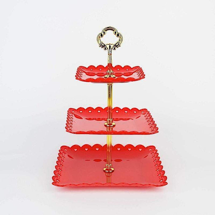 13" tall 3 Tier Plastic Dessert Stand Square Cupcake Holder with Heart Rim CAKE_PLST_S002_3_RED