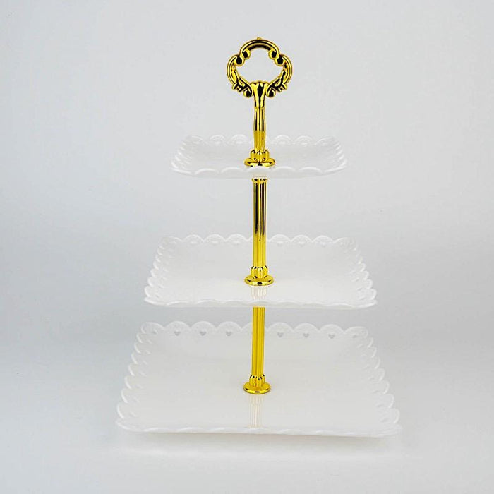 13" tall 3 Tier Plastic Dessert Stand Square Cupcake Holder with Heart Rim CAKE_PLST_S002_3_WHT