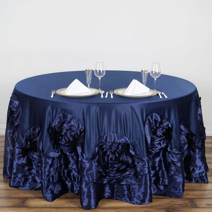 132" Large Roses Lamour Satin Round Tablecloth - Navy Blue TAB_73_132_NAVY