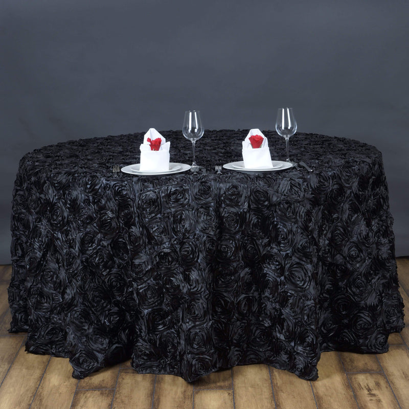 132" Round Satin Ribbon Roses Tablecloth - Black TAB_01_136_BLK