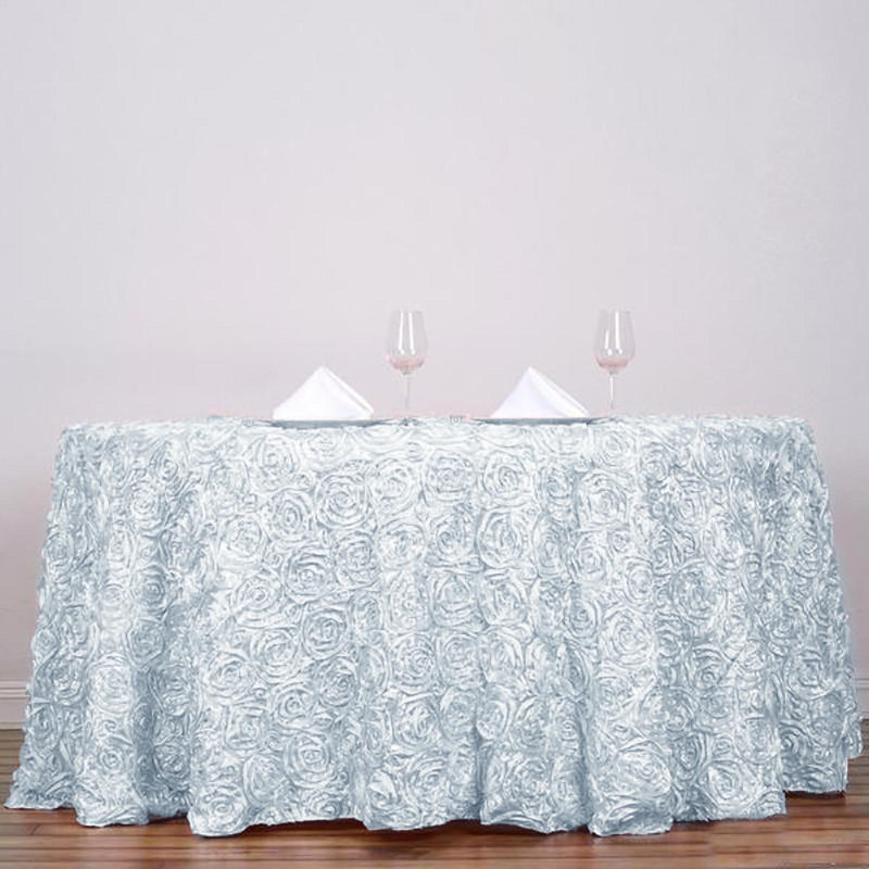 132" Round Satin Ribbon Roses Tablecloth - White TAB_01_136_WHT
