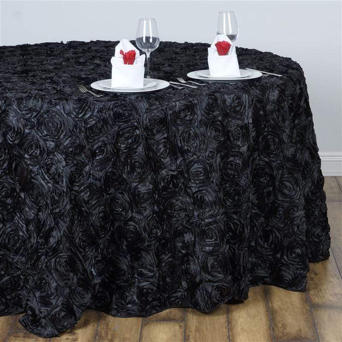 132" Round Satin Ribbon Roses Tablecloth - Black TAB_01_136_BLK