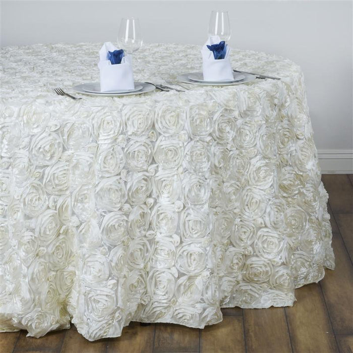 132" Round Satin Ribbon Roses Tablecloth - Ivory TAB_01_136_IVR