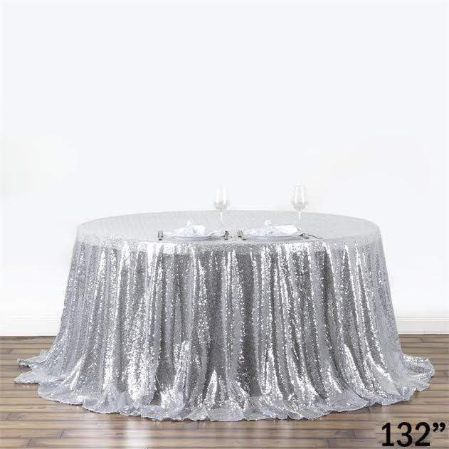 132" Sequined Round Tablecloth - Silver Light Gray TAB_02_136_SILV