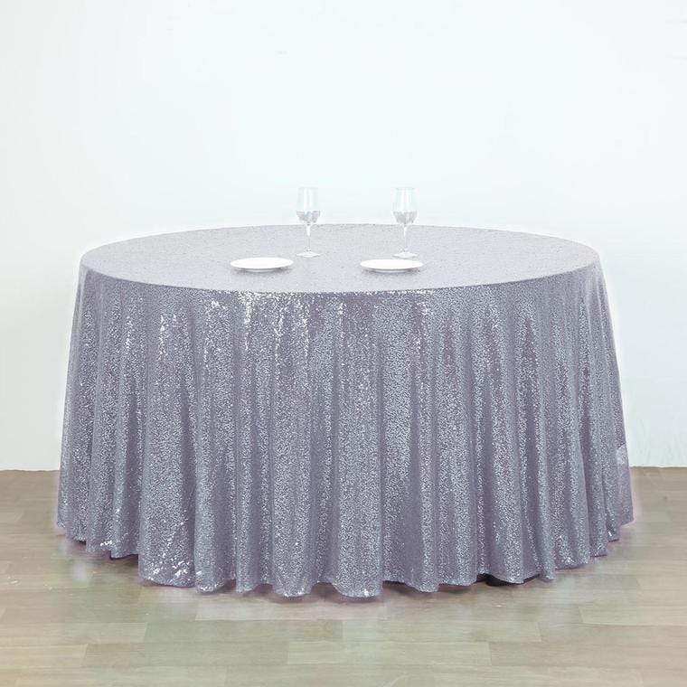 132" Sequined Round Tablecloth - Silver Light Gray TAB_02_136_SILV