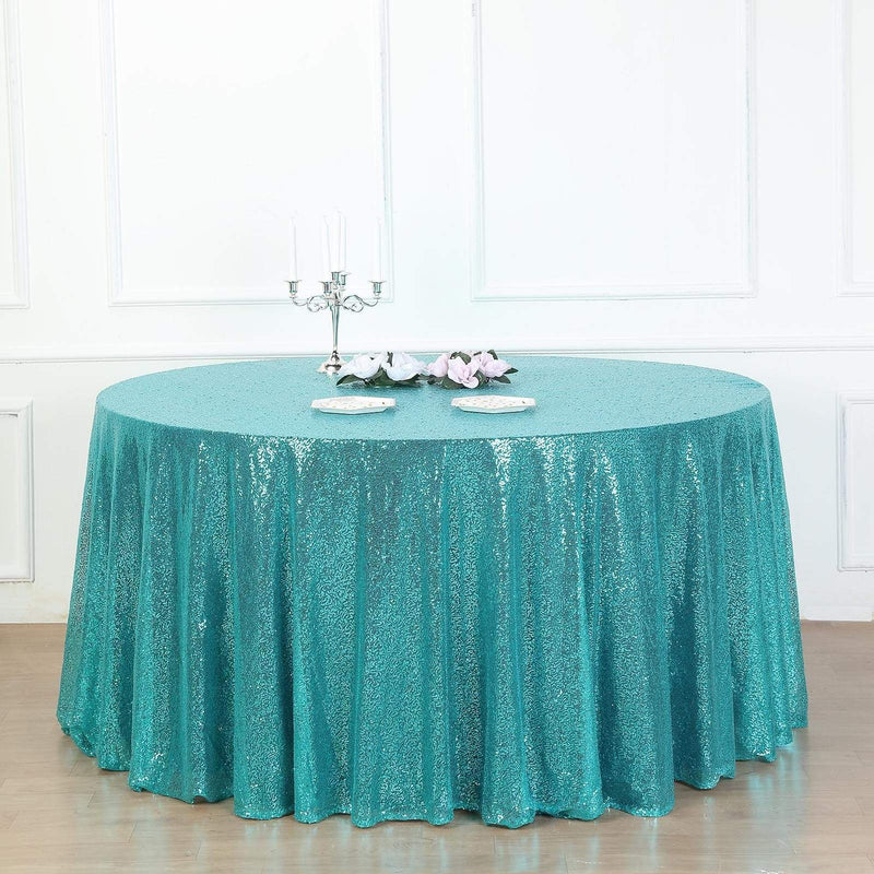 132" Sequined Round Tablecloth - Turquoise TAB_02_136_TURQ