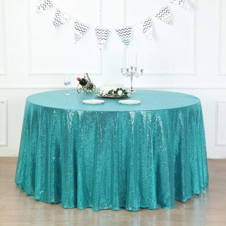 132" Sequined Round Tablecloth - Turquoise TAB_02_136_TURQ