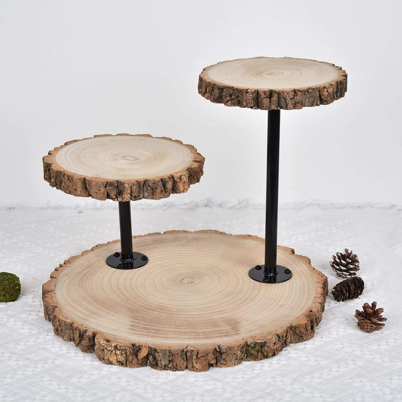 14" tall 3 Tier Round Natural Wooden Cupcake Dessert Stand - Brown with Black CAKE_WOD003_NAT