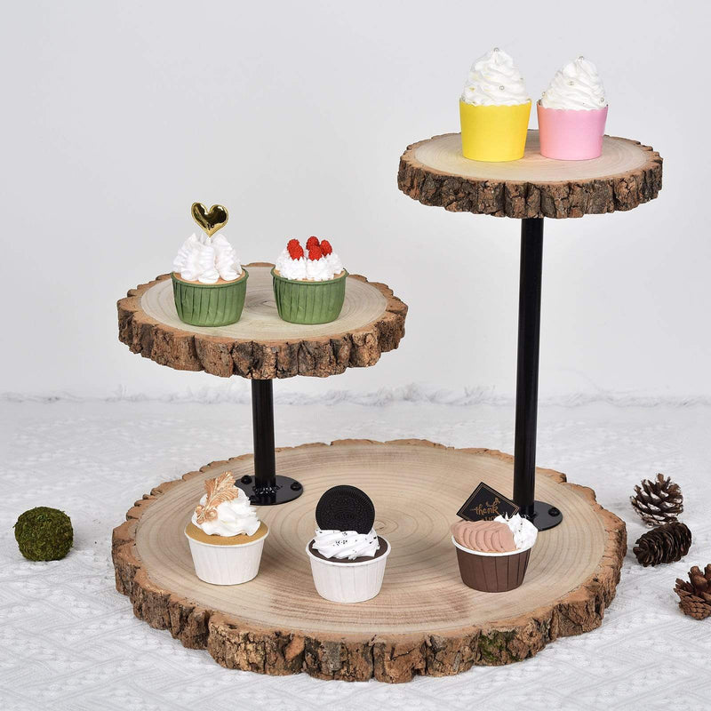 14" tall 3 Tier Round Natural Wooden Cupcake Dessert Stand - Brown with Black CAKE_WOD003_NAT