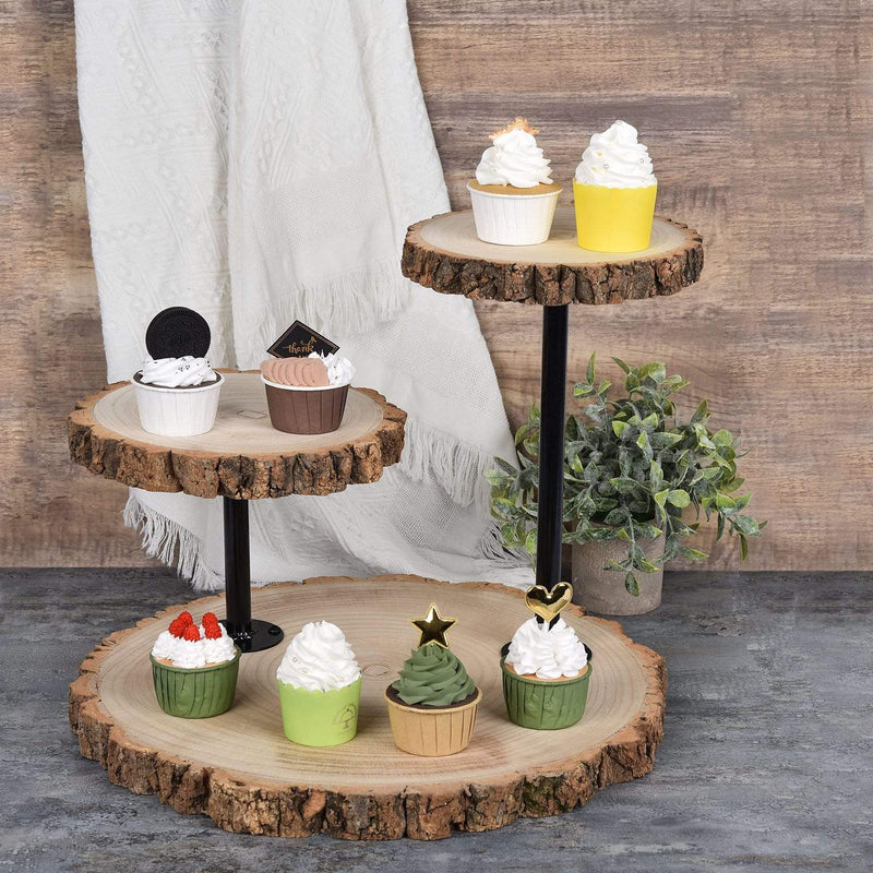 14" tall 3 Tier Round Natural Wooden Cupcake Dessert Stand - Brown with Black CAKE_WOD003_NAT