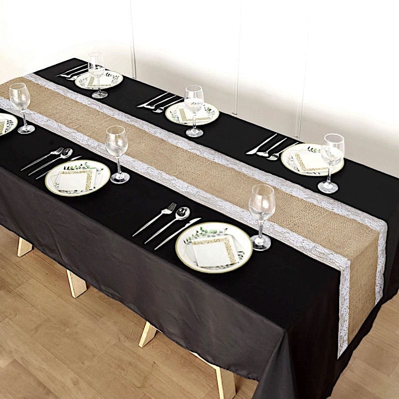 14" x 104" Burlap with Lace Trim Table Runner - White and Natural RUN_JUTE_LACE02_NAT