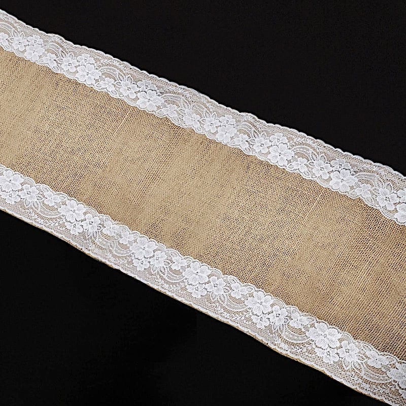 14" x 104" Burlap with Lace Trim Table Runner - White and Natural RUN_JUTE_LACE02_NAT
