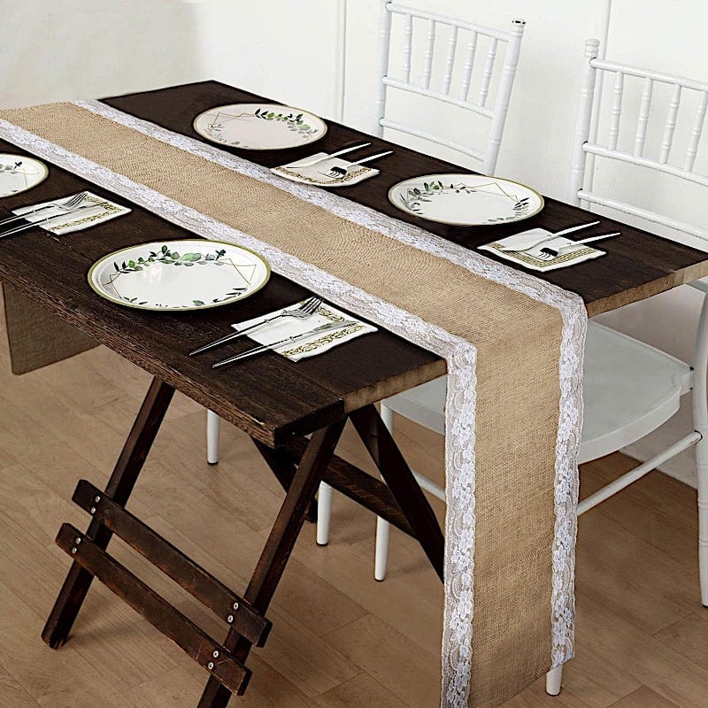 14" x 104" Burlap with Lace Trim Table Runner - White and Natural RUN_JUTE_LACE02_NAT