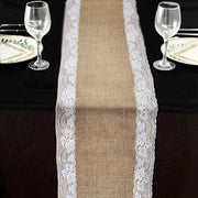 14" x 104" Burlap with Lace Trim Table Runner - White and Natural RUN_JUTE_LACE02_NAT