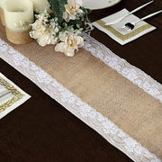 14" x 104" Burlap with Lace Trim Table Runner - White and Natural RUN_JUTE_LACE02_NAT