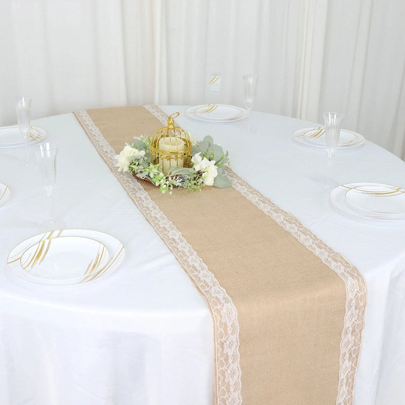 14" x 104" Burlap with Lace Trim Table Runner - White and Natural RUN_JUTE_LACE02_NAT