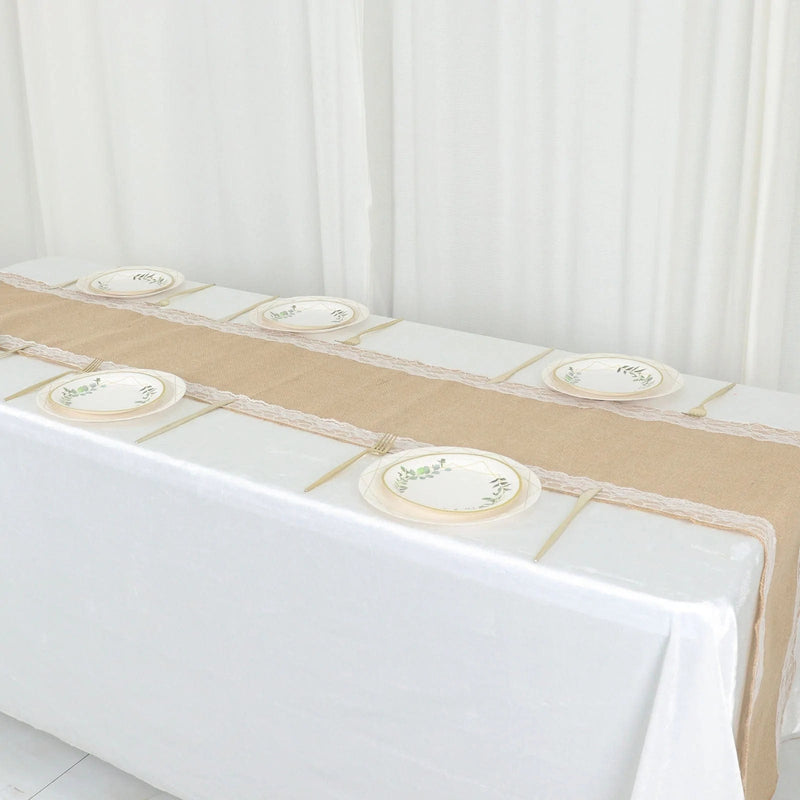 14" x 104" Burlap with Lace Trim Table Runner - White and Natural RUN_JUTE_LACE02_NAT