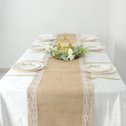 14" x 104" Burlap with Lace Trim Table Runner - White and Natural RUN_JUTE_LACE02_NAT