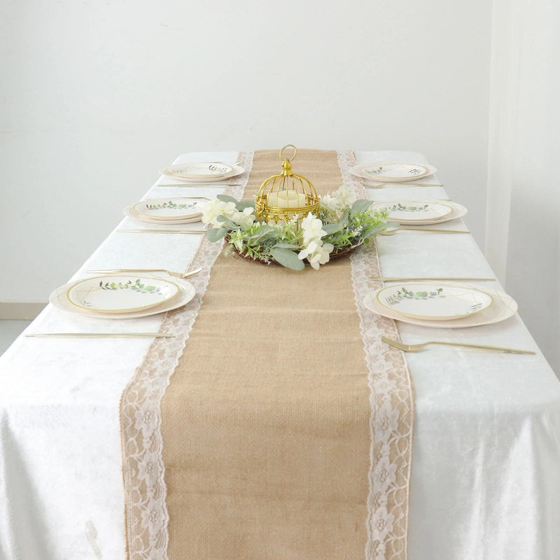 14" x 104" Burlap with Lace Trim Table Runner - White and Natural RUN_JUTE_LACE02_NAT