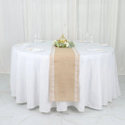 14" x 104" Burlap with Lace Trim Table Runner - White and Natural RUN_JUTE_LACE02_NAT