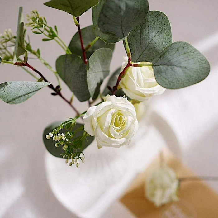 15" Artificial Seeded Eucalyptus Leaves and Silk Roses Bouquet - Green and Ivory ARTI_GRN_10_IVR