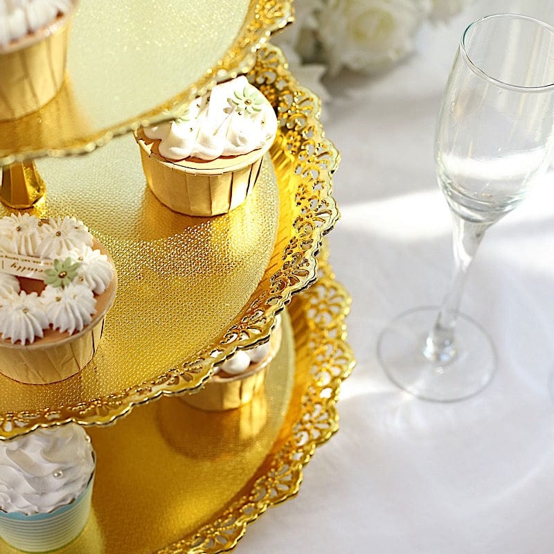 15" Plastic 3 Tier Metallic Dessert Stand Round Cupcake Display Tower with Lace Cut Rim - Gold CAKE_PLST_R010_3_GOLD