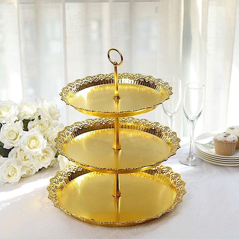 MEETOZ 3 Pieces Golden Cake Stand Set, Round Metal Cake Stands, Dessert Stands, Cupcake Display Stands For Wedding, Birthday, Party, Anniversary, Floral Pattern