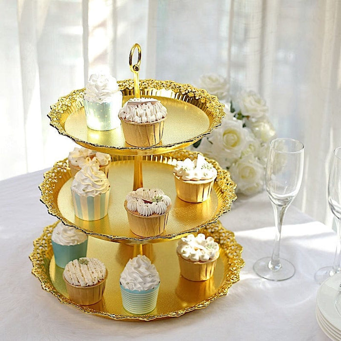 15" Plastic 3 Tier Metallic Dessert Stand Round Cupcake Display Tower with Lace Cut Rim - Gold CAKE_PLST_R010_3_GOLD