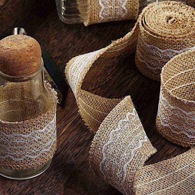 16 ft Burlap Ribbon with Lace Gifts Party Decorations - Natural and White RIB_JUTE_LACE2_NAT
