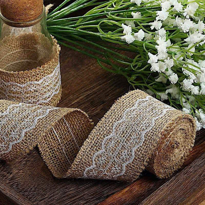 16 ft Burlap Ribbon with Lace Gifts Party Decorations - Natural White