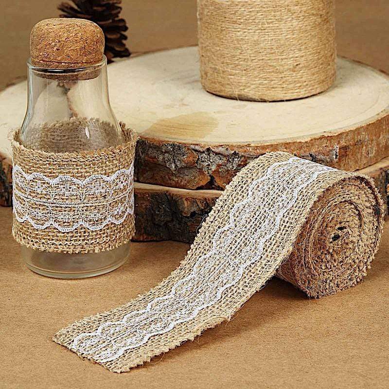 16 ft Burlap Ribbon with Lace Gifts Party Decorations - Natural and White RIB_JUTE_LACE2_NAT