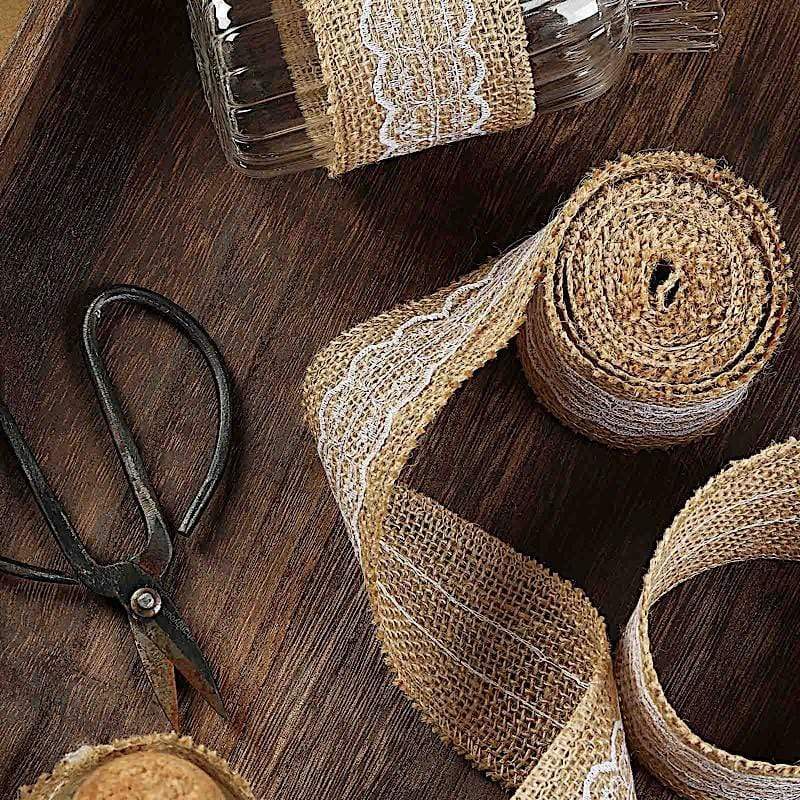 16 ft Burlap Ribbon with Lace Gifts Party Decorations - Natural and White RIB_JUTE_LACE2_NAT