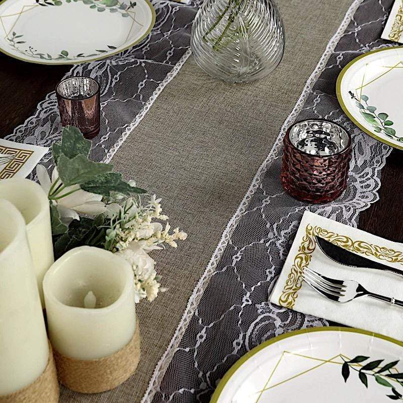 16"x108" Faux Burlap with Lace Table Runner