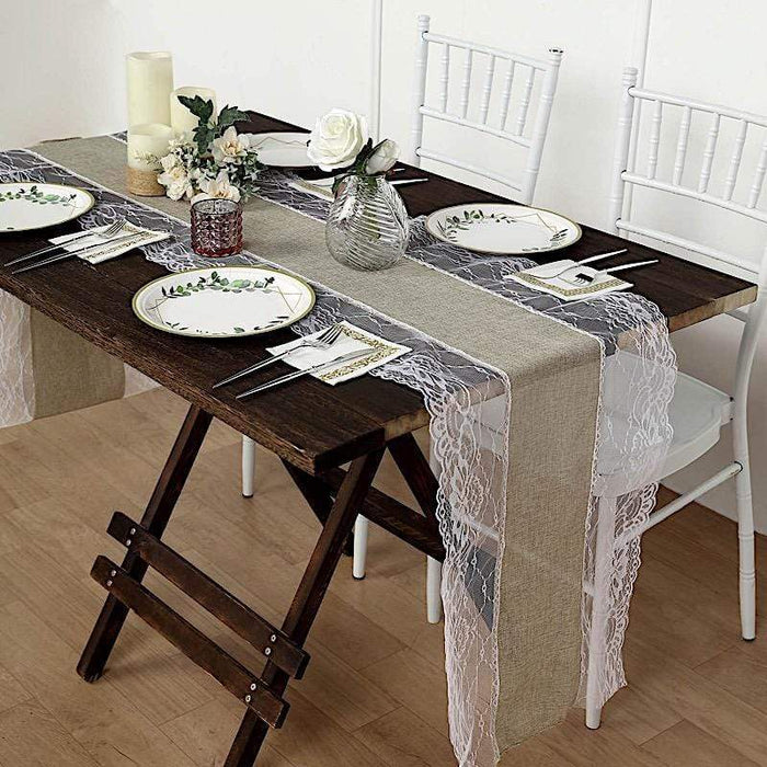 16"x108" Faux Burlap with Lace Table Runner