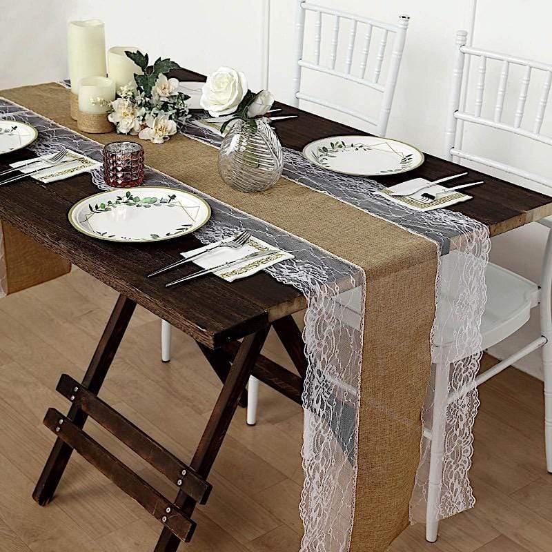 16"x108" Faux Burlap with Lace Table Runner