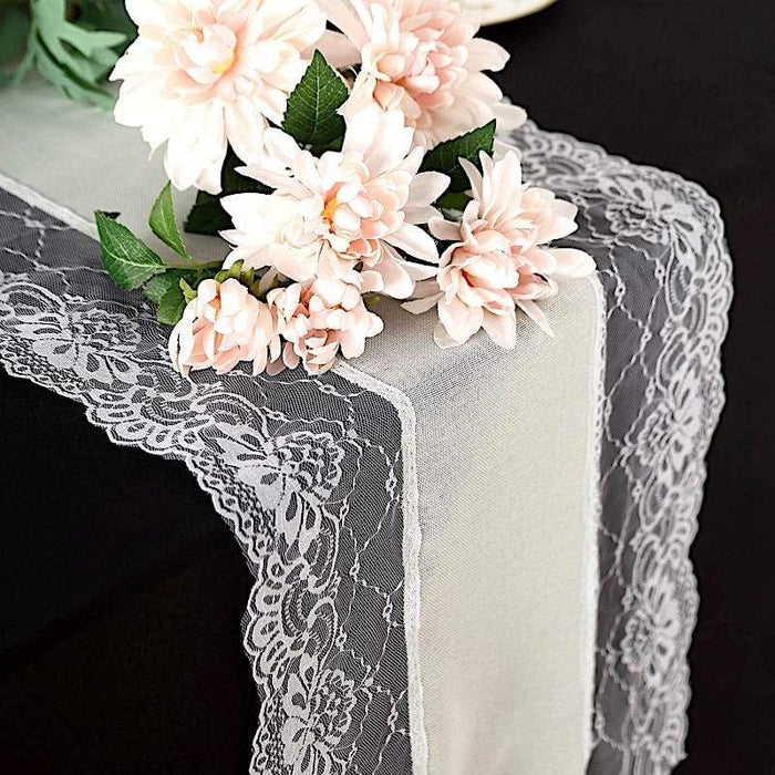 16"x108" Faux Burlap with Lace Table Runner RUN_JUTE03_LACE_IVR