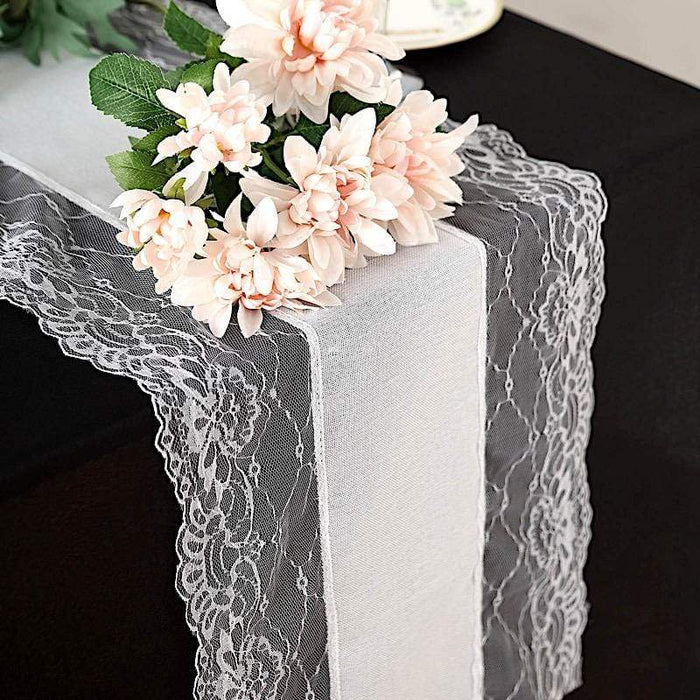 16"x108" Faux Burlap with Lace Table Runner RUN_JUTE03_LACE_WHT