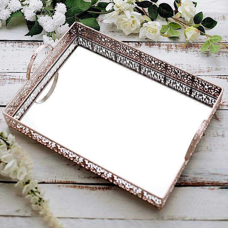 16"x12" Metal Rectangular Fleur De Lis Rim Mirror Serving Tray