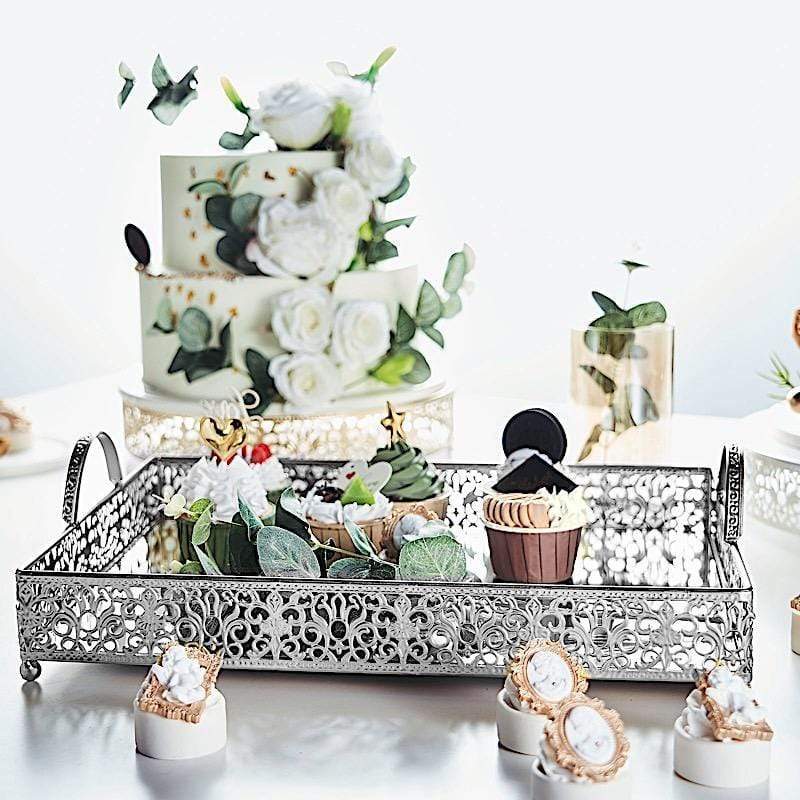 16"x12" Metal Rectangular Fleur De Lis Rim Mirror Serving Tray