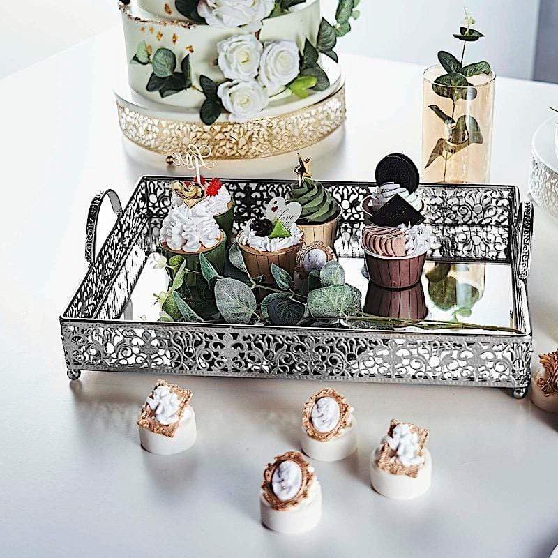 16"x12" Metal Rectangular Fleur De Lis Rim Mirror Serving Tray