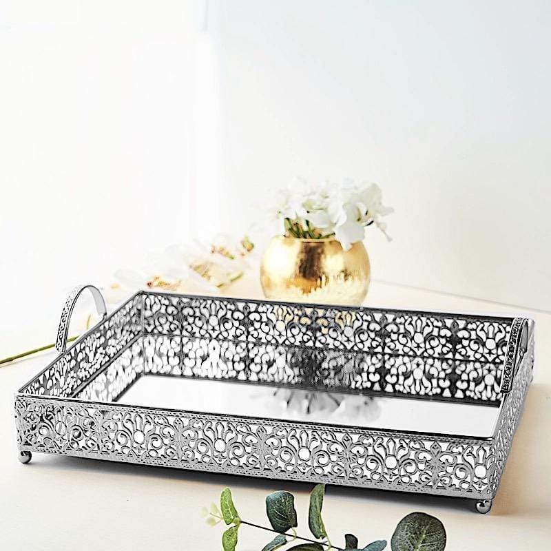 16"x12" Metal Rectangular Fleur De Lis Rim Mirror Serving Tray