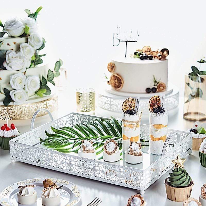 16"x12" Metal Rectangular Fleur De Lis Rim Mirror Serving Tray