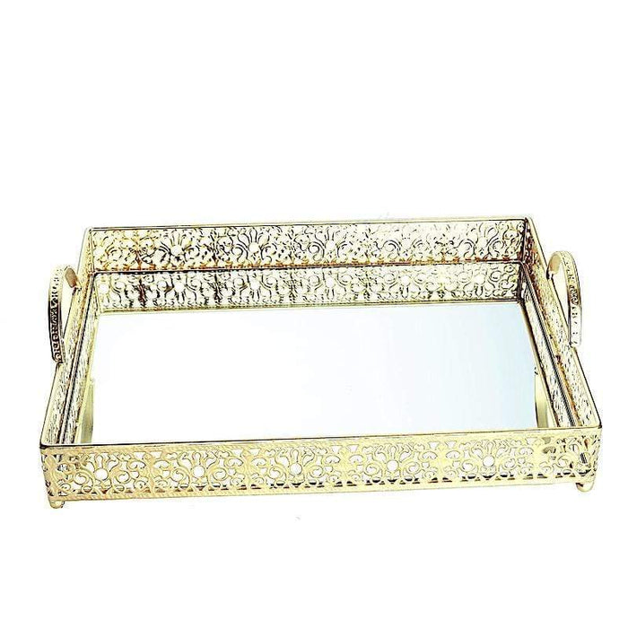 16"x12" Metal Rectangular Fleur De Lis Rim Mirror Serving Tray CHRG_TRAY010_16_GOLD