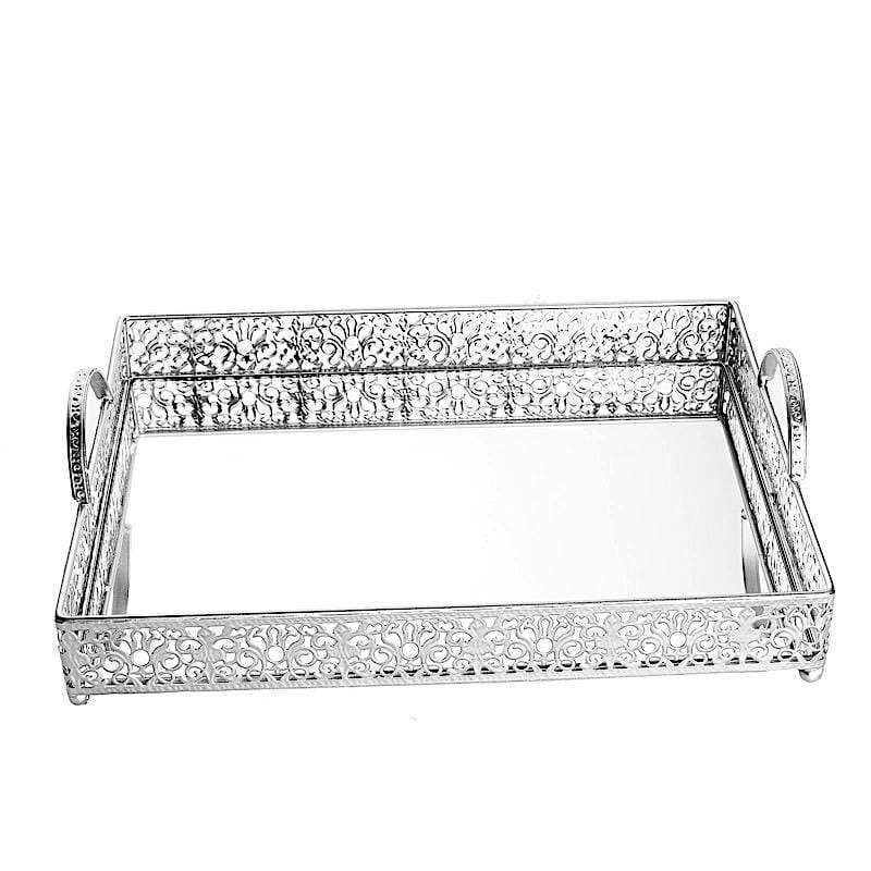 16"x12" Metal Rectangular Fleur De Lis Rim Mirror Serving Tray CHRG_TRAY010_16_SILV